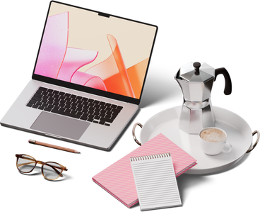 Isometric view of laptop, notebooks and tray with moka pot and cup PNG, SVG