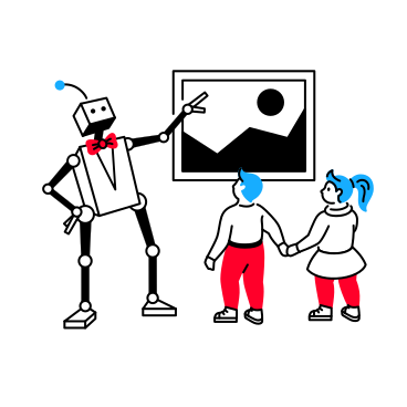 Illustration animée Un robot guide touristique montrant aux enfants une galerie d'art aux formats GIF, Lottie (JSON) et AE