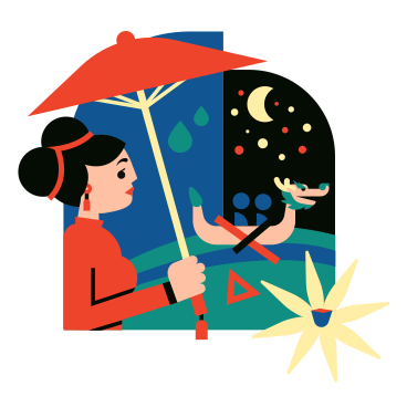 Woman walking under umbrella with dragon boat in background PNG, SVG