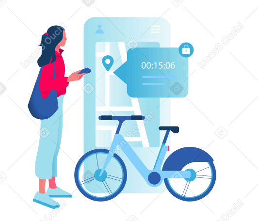 자전거 공유 서비스를 이용하는 여성 PNG, SVG
