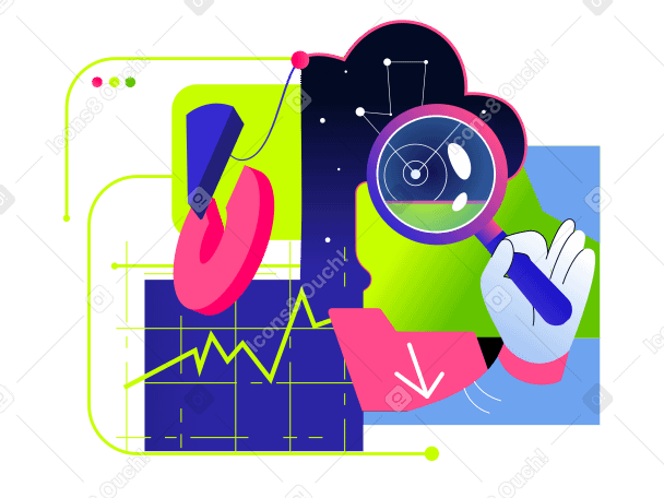 Hand with a magnifying glass looking for information in charts and graphs PNG, SVG