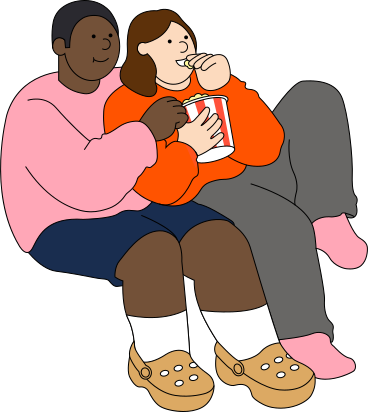 Young man and young woman sitting and eating popcorn PNG, SVG