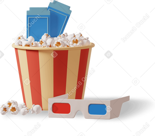 3D 爆米花、3d眼镜和电影票 PNG, SVG