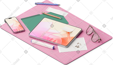 Isometric view of desk with smartphone tablet and papers PNG, SVG