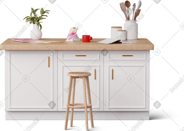 3D front view of smartphone and notes on the kitchen island PNG, SVG