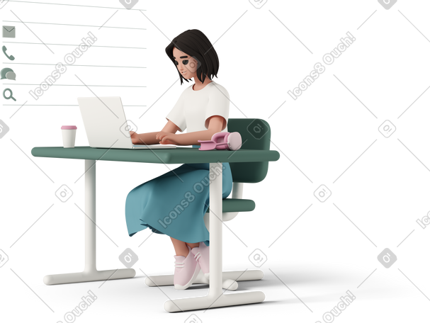 3D woman working at laptop PNG, SVG