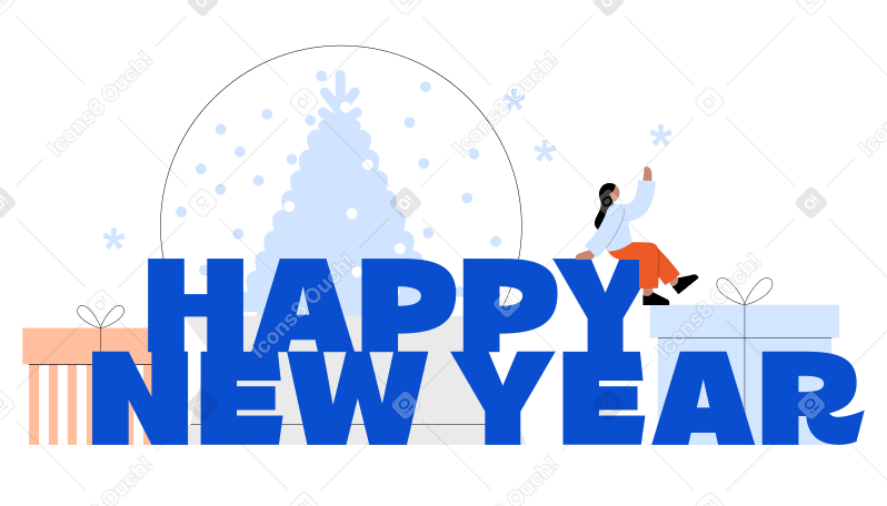Text Happy New Year with gift boxes and snow globe PNG, SVG