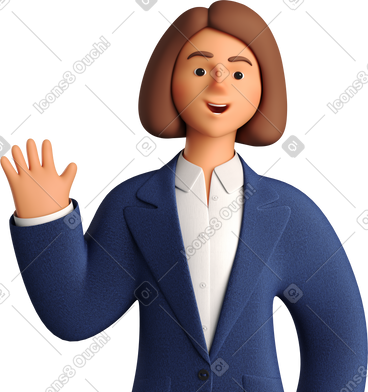 Businesswoman in blue suit waving hello PNG, SVG