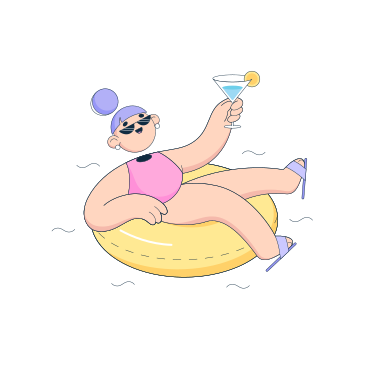 Ilustración animada de Mujer relajándose de vacaciones en un anillo de piscina con cóctel en GIF, Lottie (JSON), AE