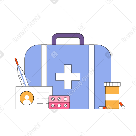 Medical suitcase with pills and thermometer Illustration in PNG, SVG