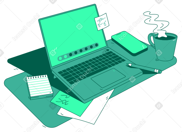 仕事机の上のノートパソコンとスマートフォン PNG、SVG