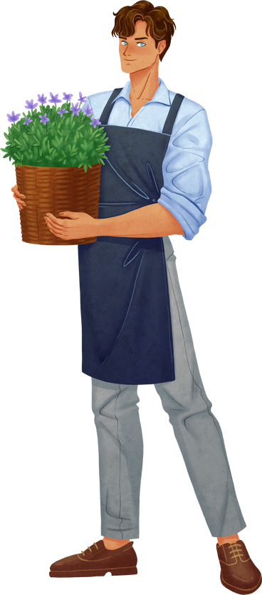 florist in apron holding plant in a pot PNG, SVG