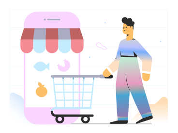 Man coming to online shop in a phone with shopping cart PNG、SVG