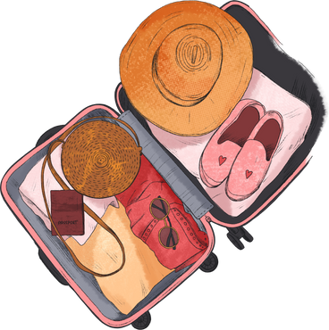 Suitcase with travel items в PNG, SVG