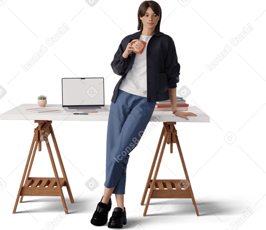 3D young woman leaning on table PNG, SVG