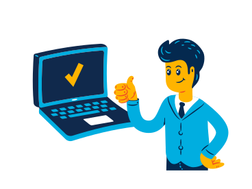 Businessman showing thumbs up next to tick on screen PNG, SVG