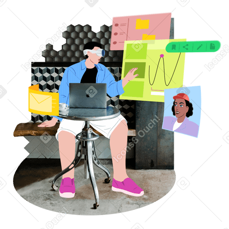 Mann mit vr-brille interagiert mit einer virtuellen schnittstelle PNG, SVG
