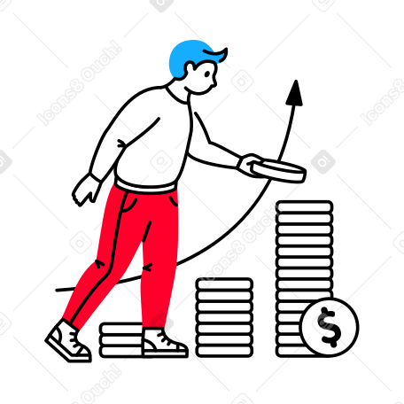 Man puts a coin on a stack of coins and observes financial growth PNG, SVG