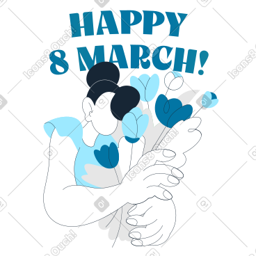 Text Happy 8 March above young woman with flowers PNG, SVG