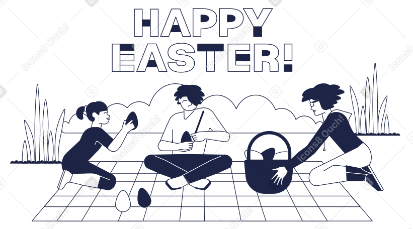 与为复活节彩绘鸡蛋的家庭一起写复活节快乐 PNG, SVG