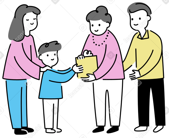 Мальчик дарит подарок бабушке и дедушке в PNG, SVG