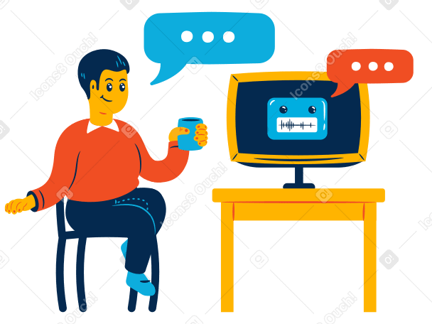 Man speaking to a chatbot on screen PNG, SVG