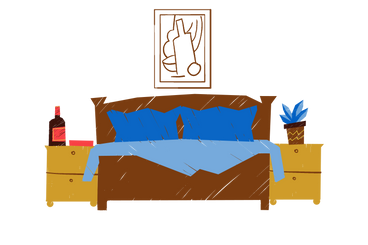 Acogedor dormitorio con cama, cuadro y plantas. PNG, SVG