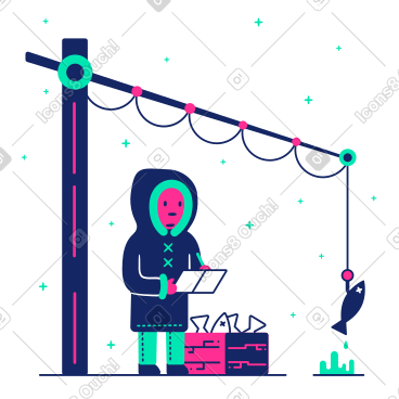 Scientist fisherman takes a fish out of a hole with a mechanical fishing rod PNG, SVG