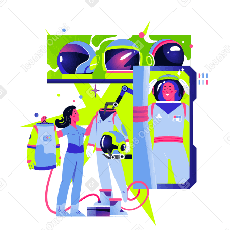 Woman chooses a space uniform in the store Illustration in PNG, SVG
