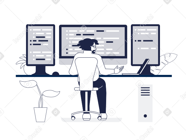 Male programmer working on three monitors view from back PNG, SVG