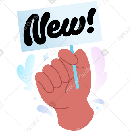 Надпись новинка! с рукой, держащей текст баннера в PNG, SVG