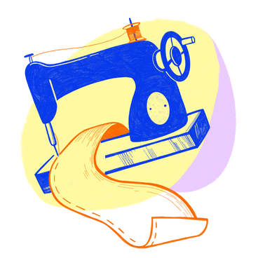 Working with fabric on a blue sewing machine PNG, SVG