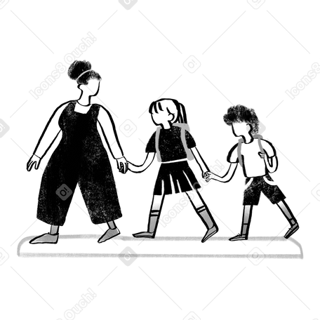 Black and white teacher walking with small school children Illustration in PNG, SVG
