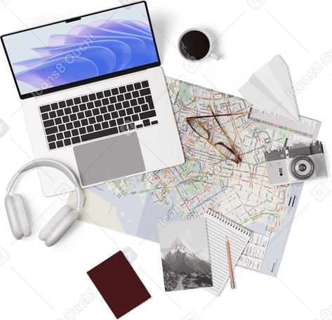 3D top view of map, laptop, headphones, passport and camera PNG, SVG