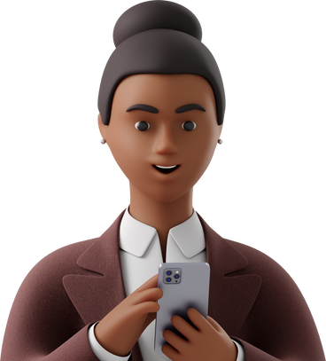 close up of black businesswoman in brown suit looking at phone PNG, SVG