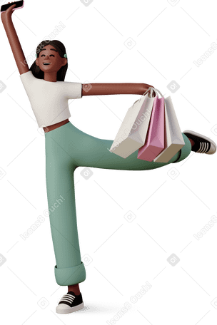3D 快乐的年轻女人提着购物袋跳来跳去 PNG, SVG
