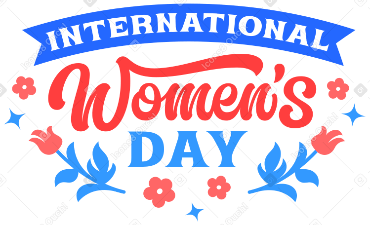 lettering international women's day with flowers and stars text PNG, SVG