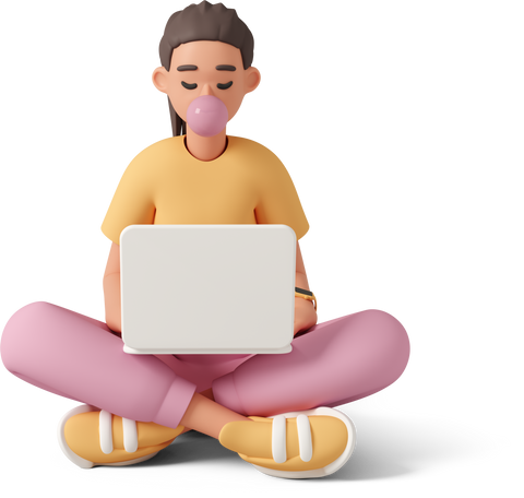 3D young woman sitting with laptop on legs and blowing bubble gum Illustration in PNG, SVG