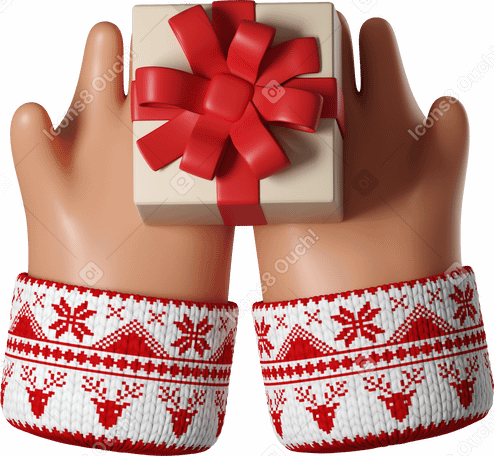3D Manos de piel bronceada en suéter blanco de navidad con caja de regalo PNG, SVG