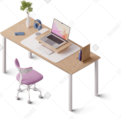 3D isometric view of desk with laptop PNG、SVG