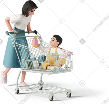 Woman with baby in supermarket cart PNG, SVG