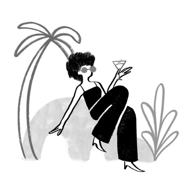 Black and white woman relaxing with cocktail near tropical trees PNG, SVG