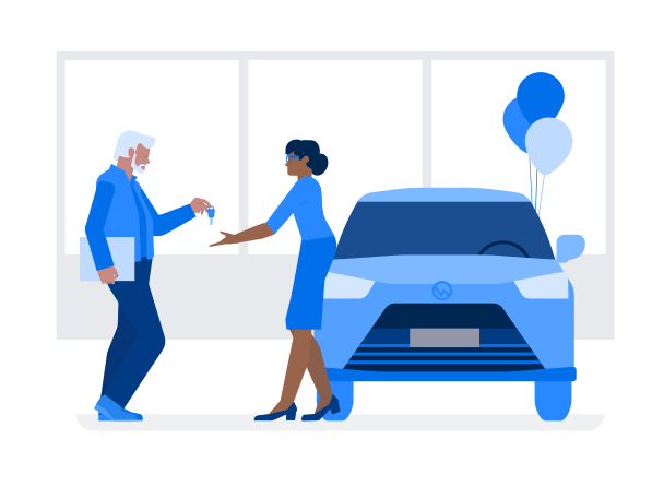 Male car dealership salesman gives car keys to female customer Illustration in PNG, SVG