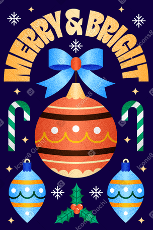 poster merry and bright with christmas toys and candy cane text PNG, SVG