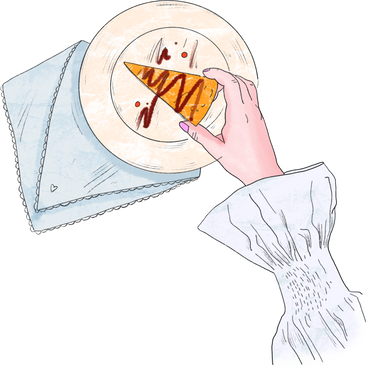 Main prenant un morceau de gâteau dans une assiette blanche PNG, SVG