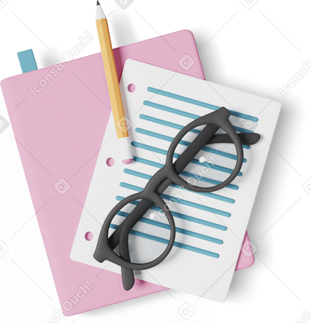 3D notebook with glasses and pencil Illustration in PNG, SVG
