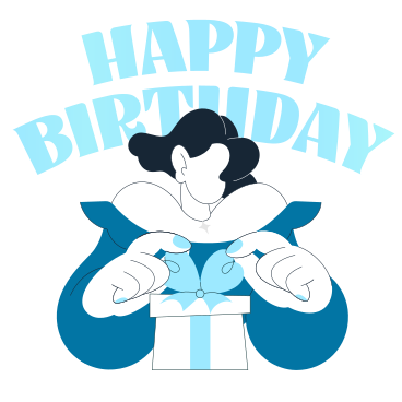Happy birthday text with a girl opening a gift PNG, SVG