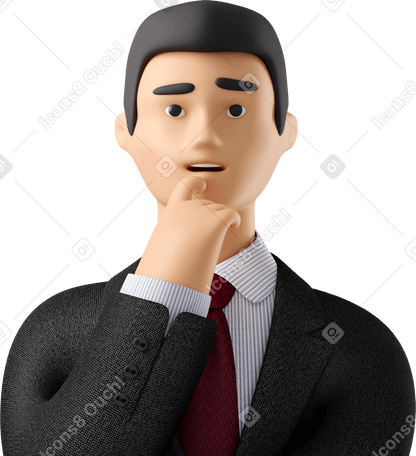 3D close up of pondering businessman in black suit Illustration in PNG, SVG