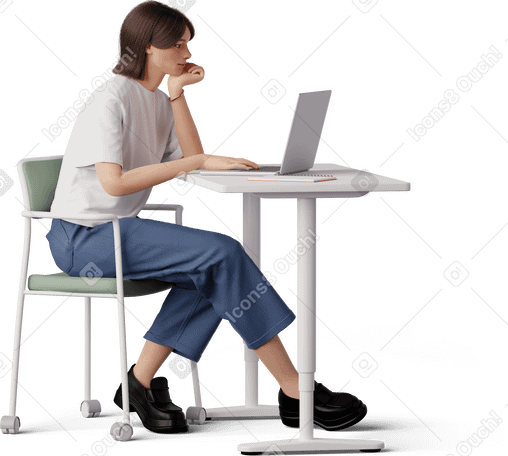 3D young woman working at desk PNG, SVG