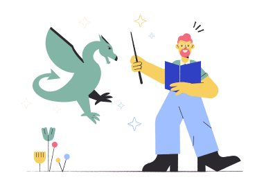 Magician with spell book conjuring a dragon PNG, SVG